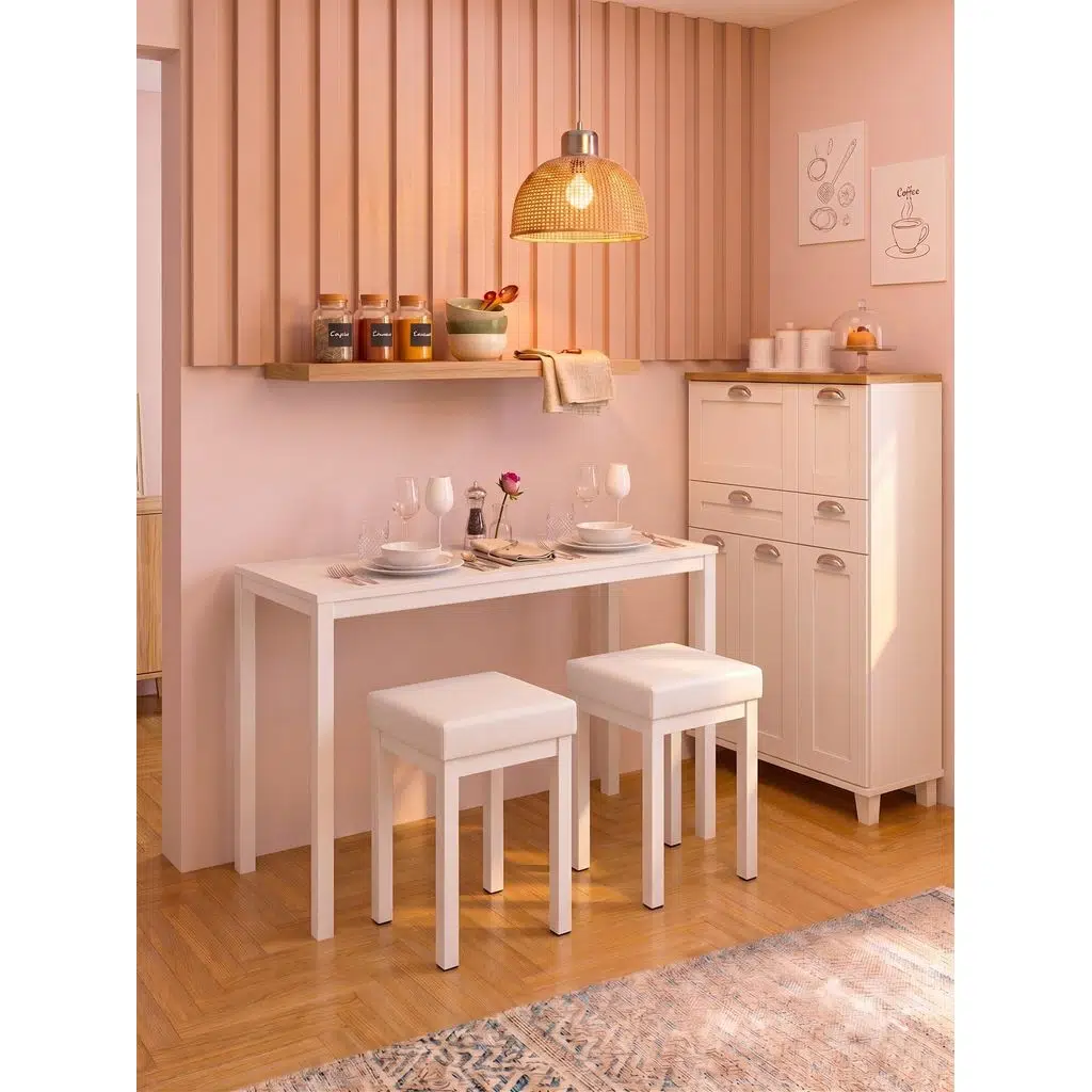 Beyaz Modern Mutfak Masası Takımı 2 Tabureli - Dar Alanlar İçin Kompakt Çözüm