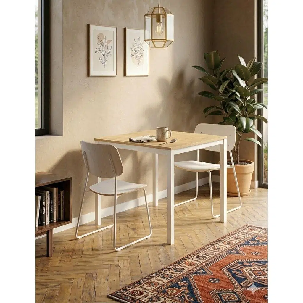 Kompakt Yemek Masası 72x88 cm – Beyaz Metal Gövde & Ahşap Desenli Üst Tabla