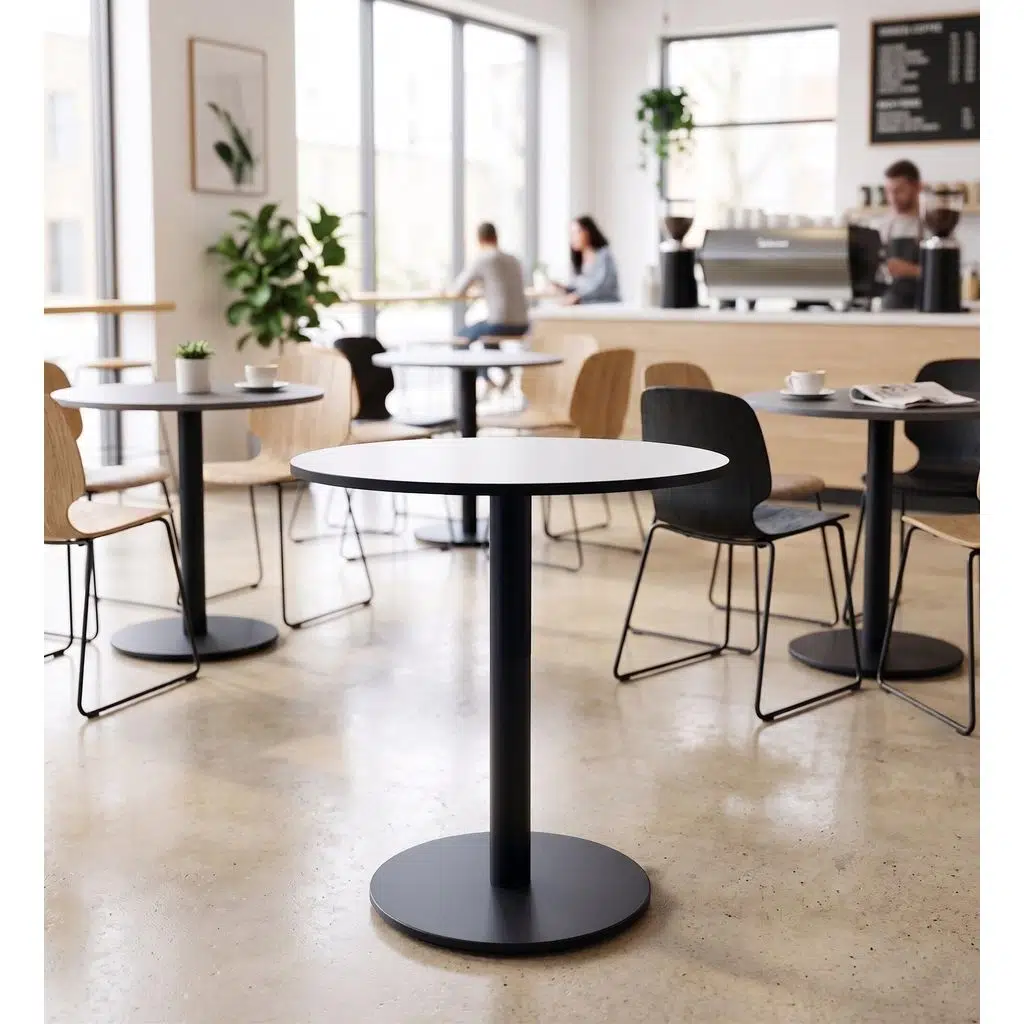 Matte Prime Beyaz Yuvarlak Kompakt Laminant Tablalı Bistro Metal Masa 77 cm - Cafe, Otel, Restoran Masası