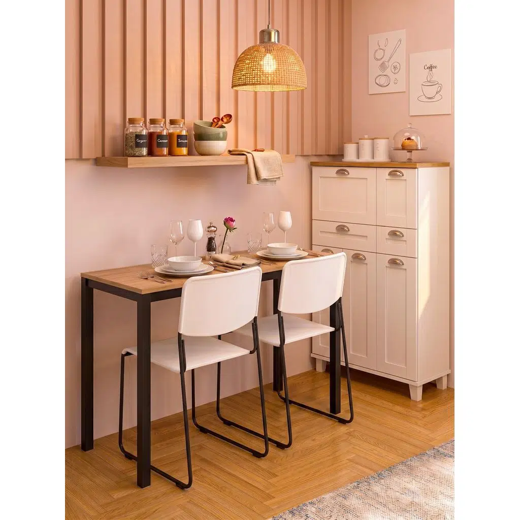 Minimal Meşe Desenli Mutfak Masası – 116x45x75 cm | Siyah Metal Profil Ayaklı