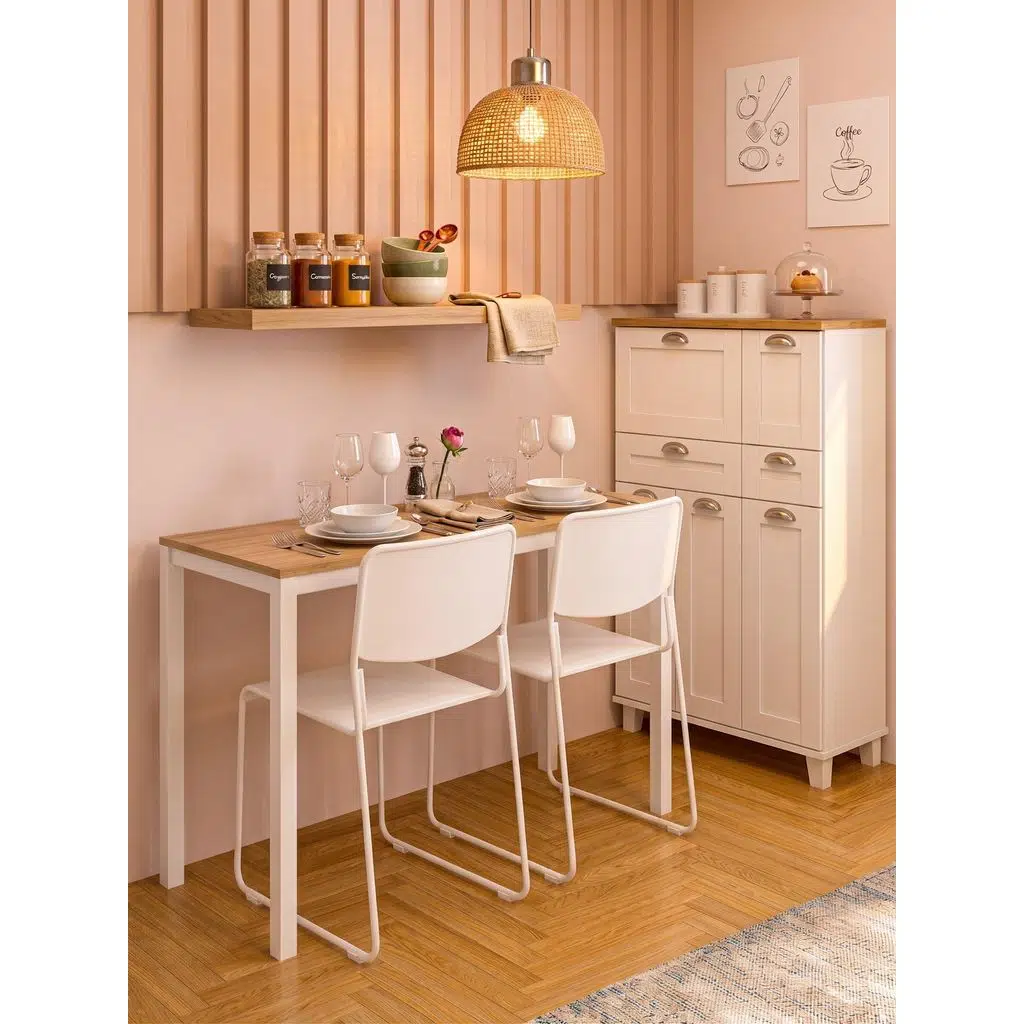 Minimal Meşe Desenli Çok Amaçlı Mutfak Masası – 116x45x75cm | Beyaz Metal Profil Ayaklı