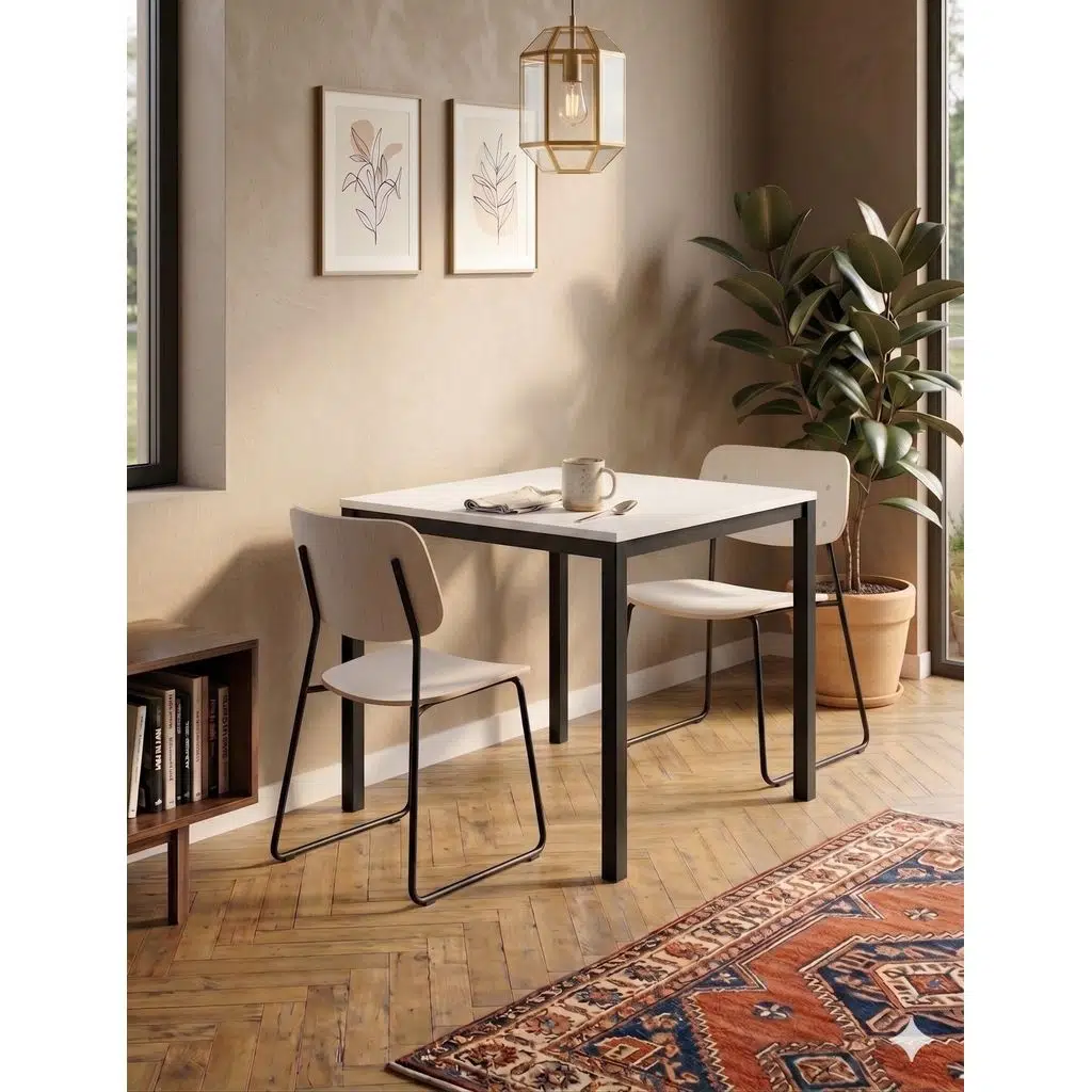 Minimal Yemek Masası 72x88 cm – Beyaz Tabla Siyah Metal Ayak Mutfak Masası