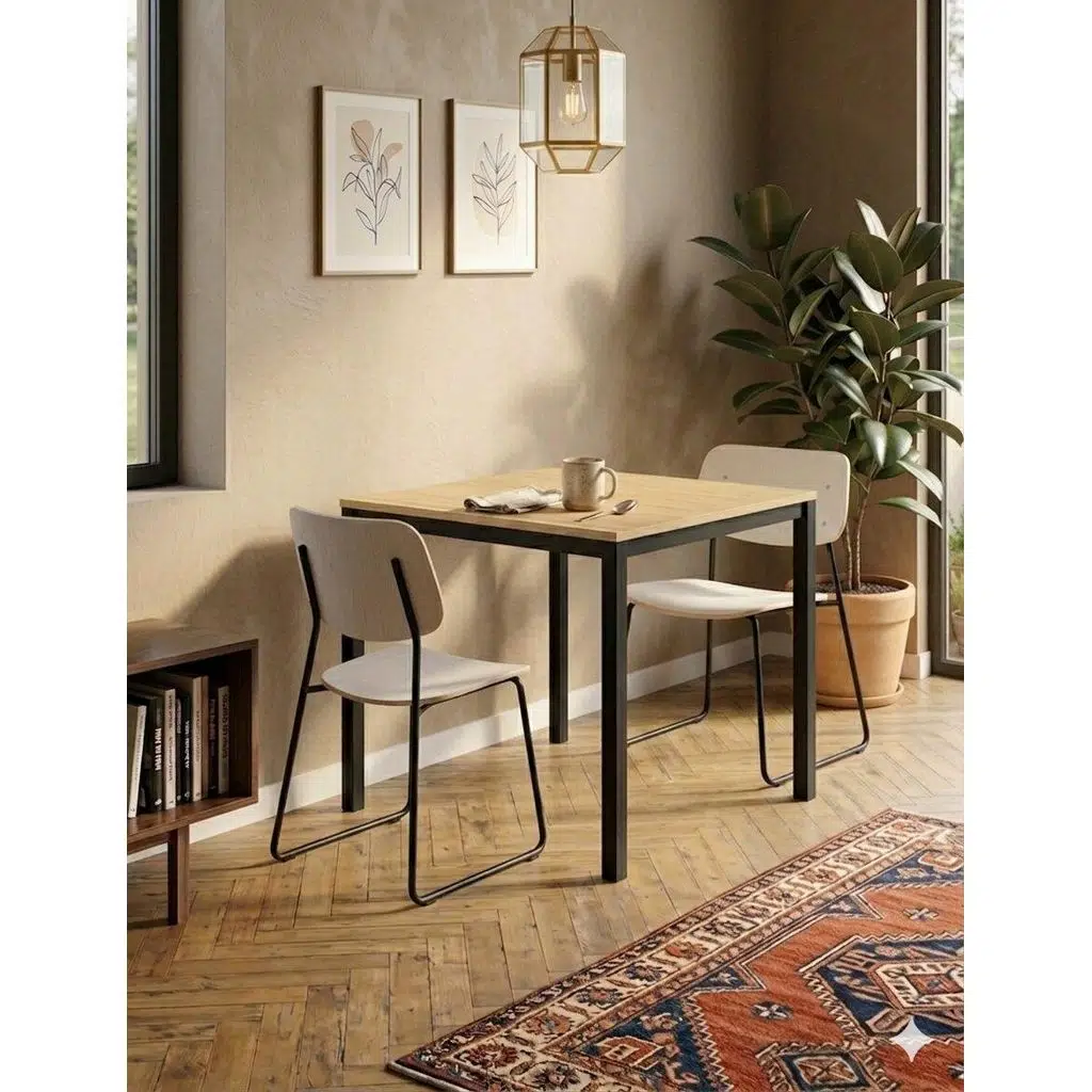 Modern Mutfak ve Yemek Masası 88x60cm – Siyah Metal Ayak & Meşe Renk Tabla